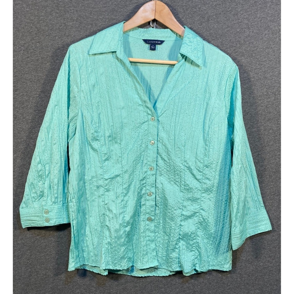 Lands End Turquoise Textured Dot Button Up Shirt Womens‎ Size 14 3/4 Sleeve